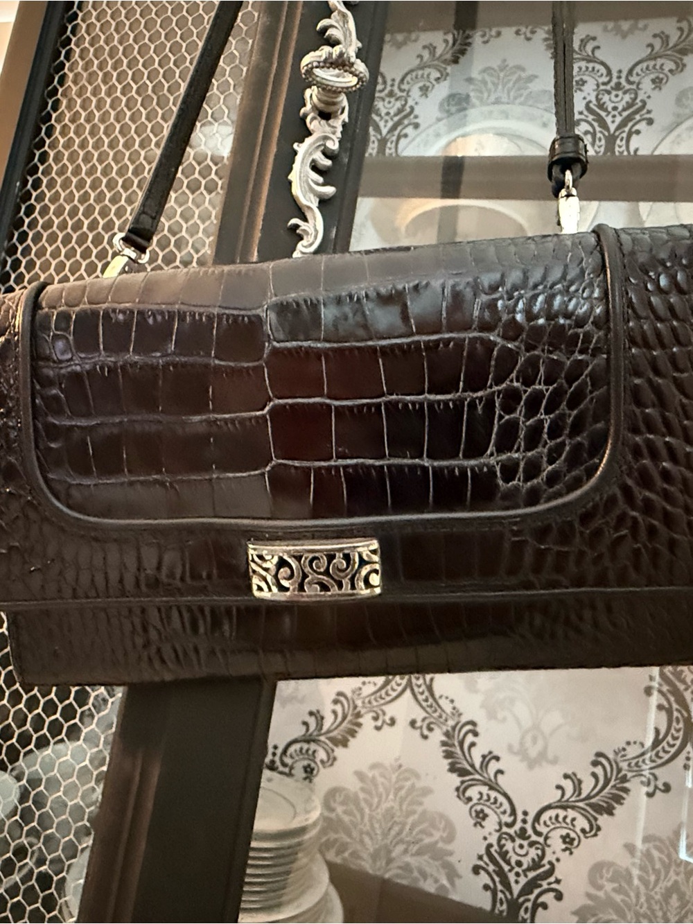 Elegant Vintage Brighton Black Croc-Embossed Shoulder Bag /Wristlet